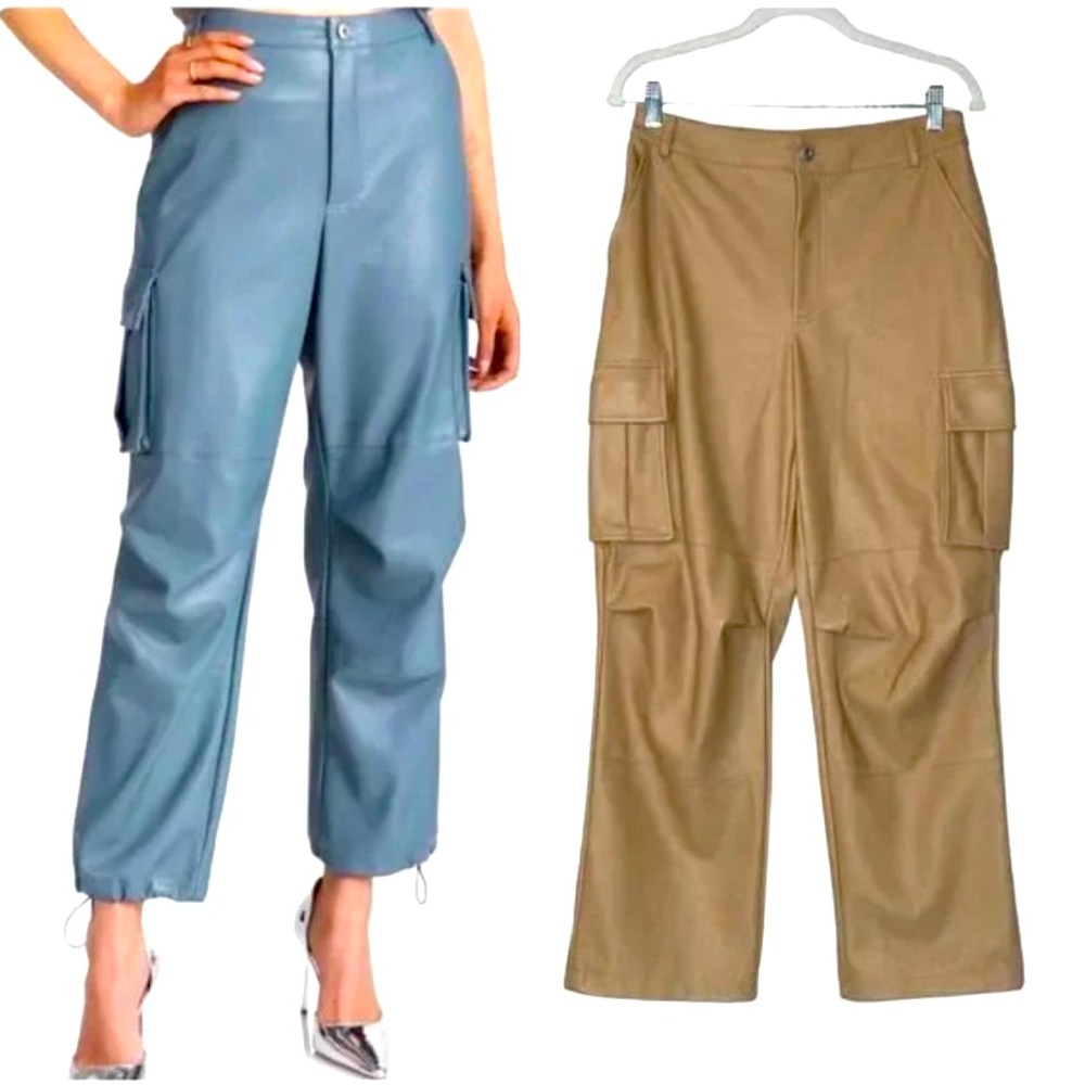 NWT 7 for all Mankind cream/TAN faux leather relaxed fit high rise cargo pants
